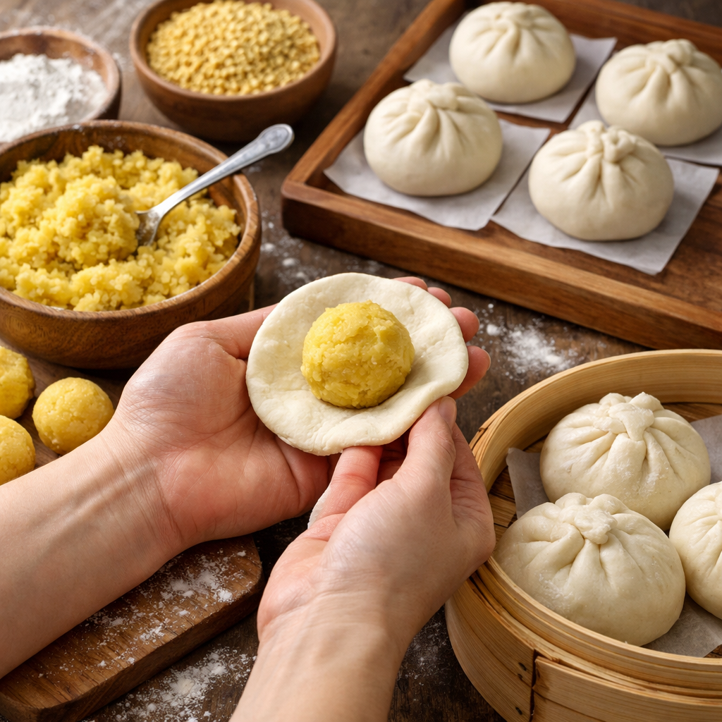 cách làm bánh bao nhân đậu xanh - Quy trình làm bánh bao nhân đậu xanh